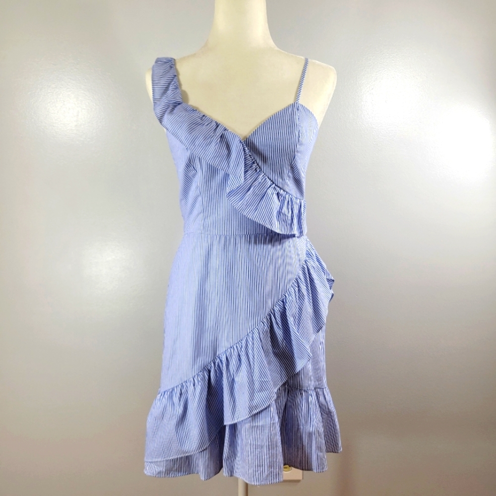 PARKER Lollie blue white seersucker stripe ruffle faux wrap mini dress NEW